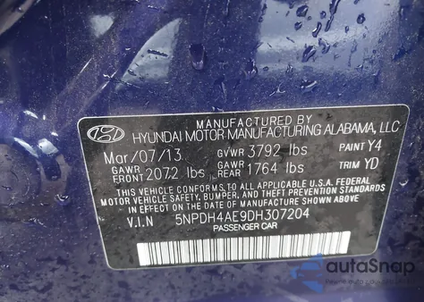 2013 Hyundai Elantra Gls from USA, damaged, VIN 5NPDH4AE9DH307204
